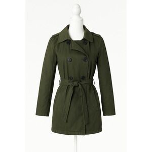 Forever 21 Women's Army Green Trench Coat Size Small‎ Belted Double Breasted